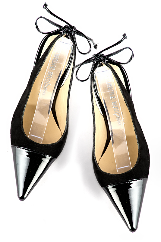 Gloss black women's slingback shoes. Pointed toe. High slim heel. Top view - Florence KOOIJMAN